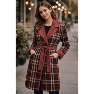 Alice Blue Plaid Belted Jacket Size Medium Burgundy Brown